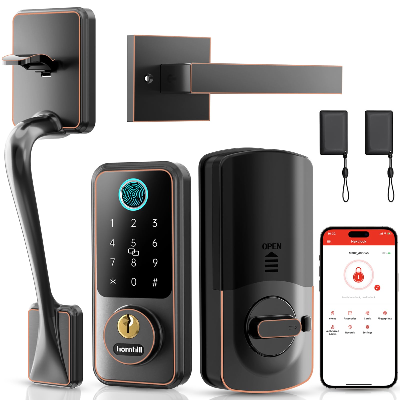 Hand entering a code on a smart door lock at dusk