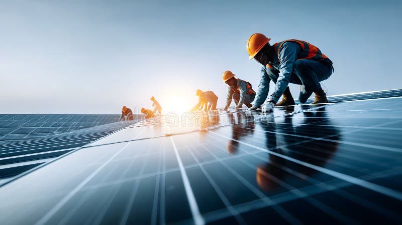 Technician installing solar panels on a rooftop at sunrise