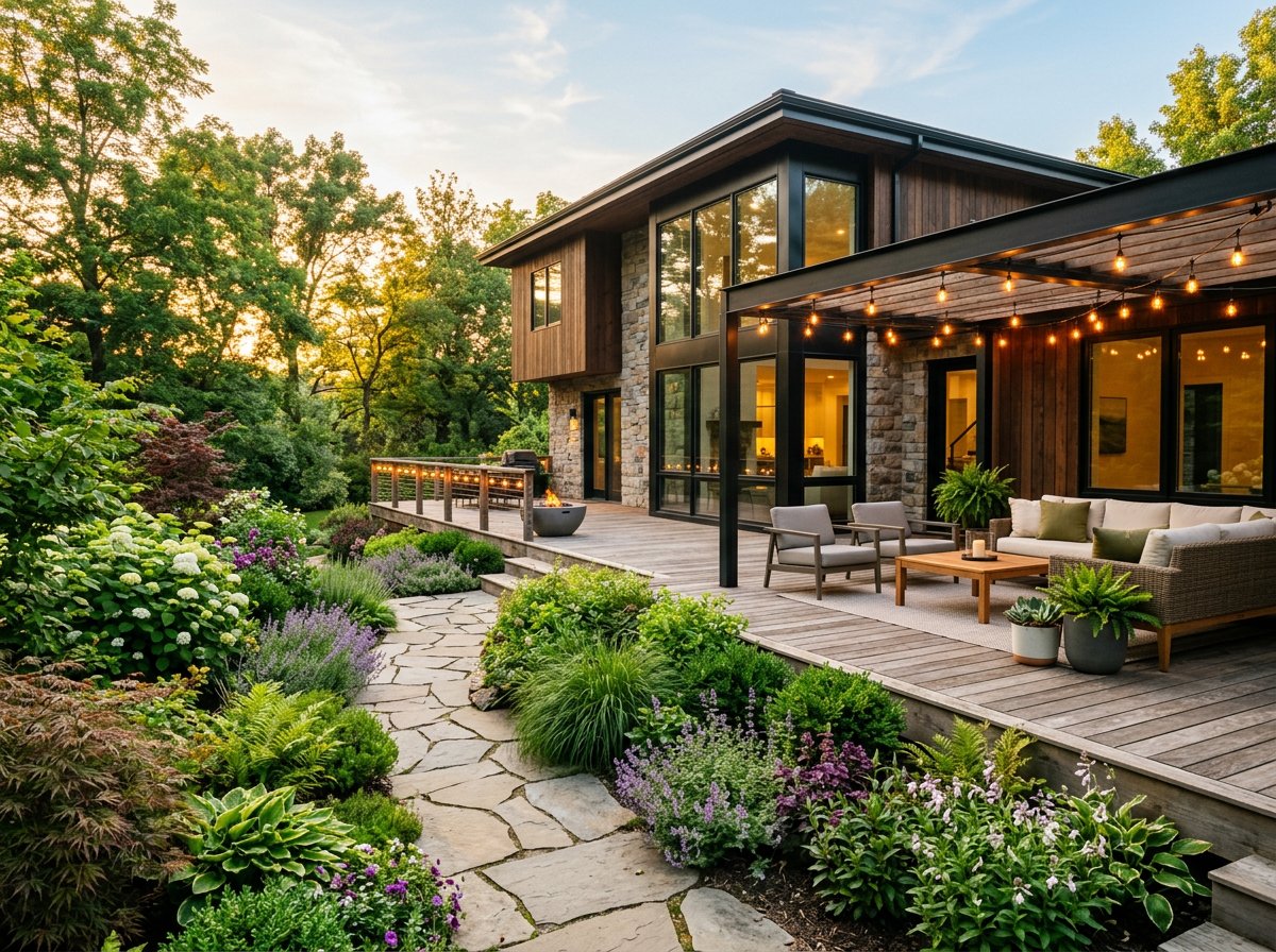 Renovated home exterior with landscaped garden and patio