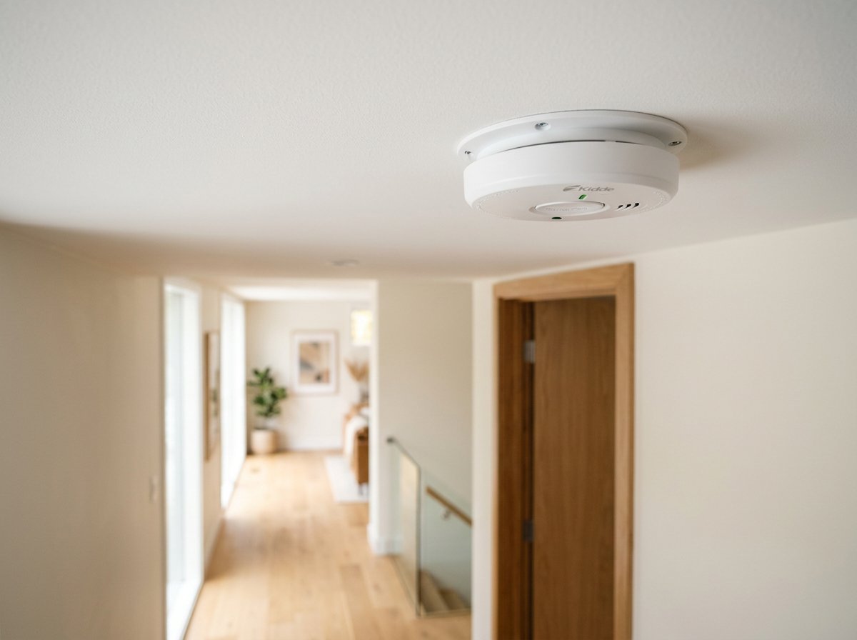 Modern smoke detector installed on a bright home ceiling
