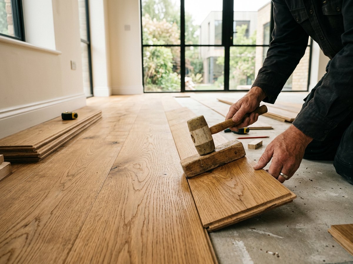 Craftsman installing warm hardwood flooring