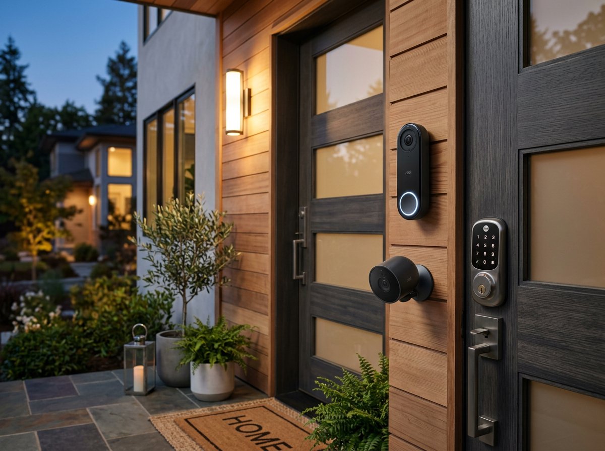 Smart security camera and doorbell on a modern home entrance